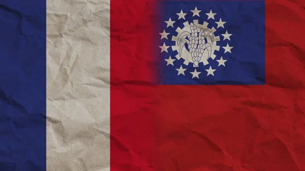 Μιανμάρ Βιρμανία Και Γαλλία Σημαίες Μαζί Τσαλακωμένο Φόντο Επίδραση Χαρτί — Φωτογραφία Αρχείου