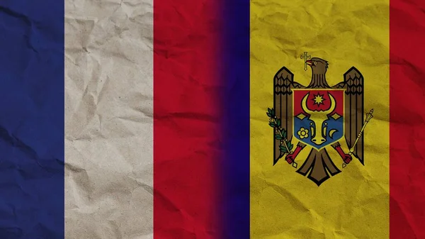 Moldávia França Bandeiras Juntas Papel Enrugado Efeito Fundo Ilustração — Fotografia de Stock