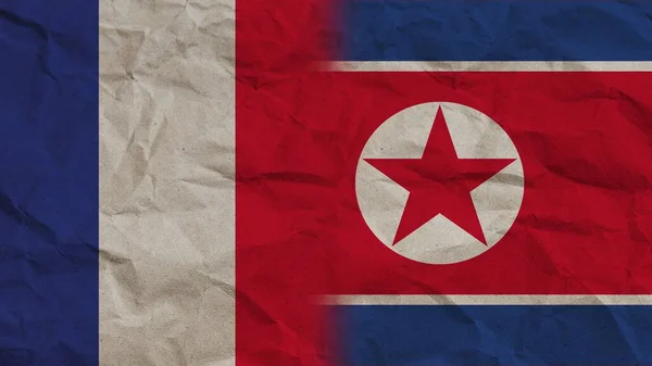 Βόρεια Κορέα Και Γαλλία Σημαίες Μαζί Τσαλακωμένο Φόντο Επίδραση Χαρτιού — Φωτογραφία Αρχείου