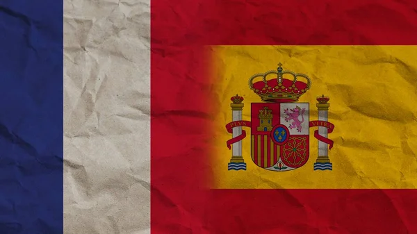 Spanyolország Franciaország Zászlók Együtt Gyűrött Papír Hatás Háttér Illusztráció — Stock Fotó