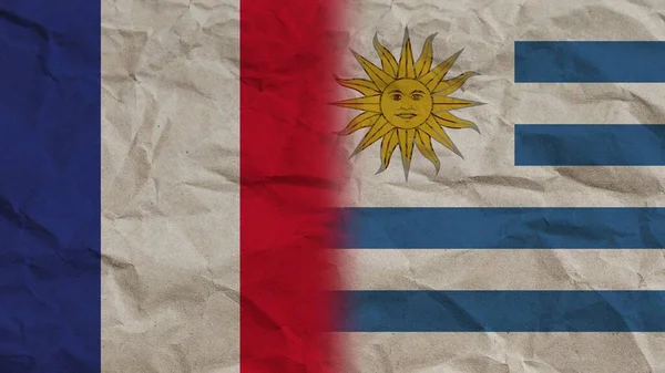 Uruguay Franciaország Zászlók Együtt Gyűrött Papír Hatás Háttér Illusztráció — Stock Fotó