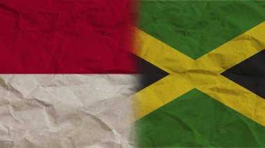 Jamaika ve Endonezya Bayrakları Birlikte, Kırışık Kağıt Efekti Arkaplan 3B İllüstrasyon