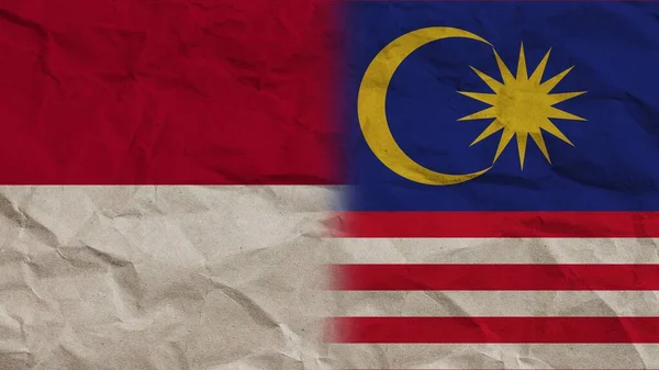 マレーシアとインドネシアの旗が折り重なる紙効果背景3Dイラスト — ストック写真