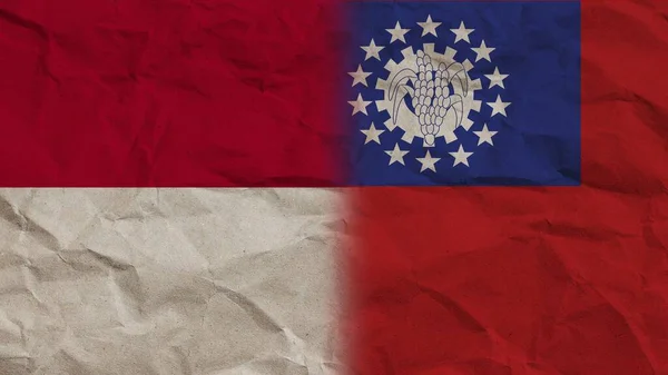 ミャンマービルマとインドネシアの旗が折り重なり紙効果 3Dイラスト — ストック写真