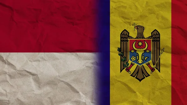 Moldova Indonézia Zászlók Együtt Gyűrött Papír Hatás Háttér Illusztráció — Stock Fotó