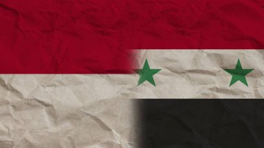 Suriye ve Endonezya Bayrakları Birlikte, Buruşuk Kağıt Efekti Arkaplan 3D İllüstrasyon