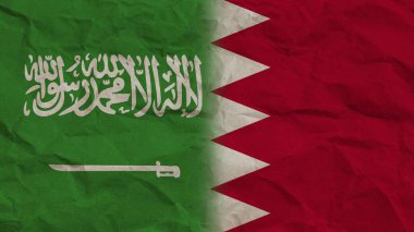 Bahreyn ve Suudi Arabistan Bayrakları Birlikte, Kırışık Kağıt Efekti 3B Görüntü