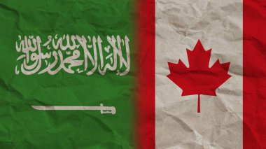 Kanada ve Suudi Arabistan Bayrakları Birlikte, Buruşuk Kağıt Efekti Arkaplan 3D Görüntü