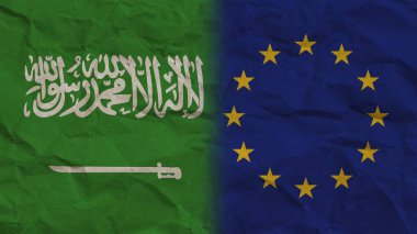Avrupa Birliği ve Suudi Arabistan Bayrakları Birlikte, Kırışık Kağıt Efekti 3B Görüntü