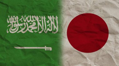 Japonya ve Suudi Arabistan Bayrakları Birlikte, Buruşuk Kağıt Efekti Arkaplan 3D İllüstrasyon