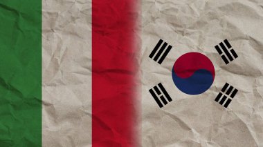 Güney Kore ve İtalya Bayrakları Birlikte, Buruşuk Kağıt Efekti Arkaplan 3D Görüntü