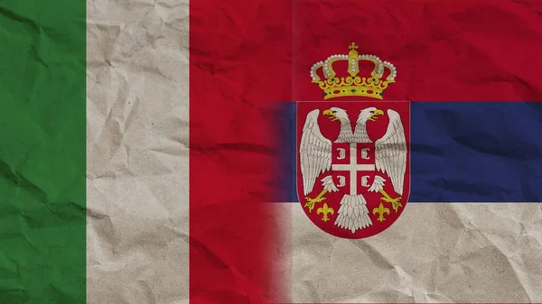 Serbien Och Italien Flaggor Tillsammans Skrumpna Papper Effect Bakgrund Illustration — Stockfoto