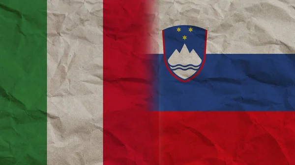 Slovenien Och Italien Flaggor Tillsammans Skrumpna Papper Effect Bakgrund Illustration — Stockfoto
