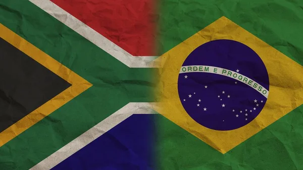 Brazília Dél Afrika Zászlók Együtt Gyűrött Papír Hatás Háttér Illusztráció — Stock Fotó