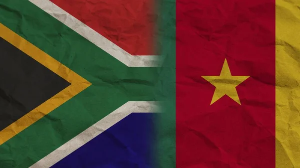 喀麦隆和南非国旗连在一起 折皱纸效背景3D画图 — 图库照片