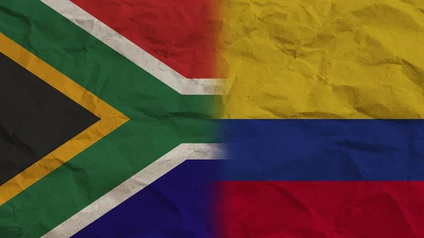 Kolumbia Dél Afrika Zászlók Együtt Gyűrött Papír Hatás Háttér Illusztráció — Stock Fotó