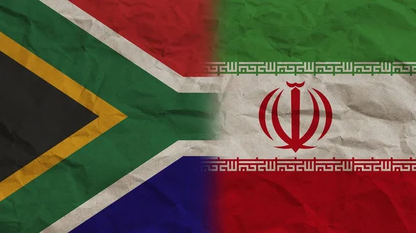 Iran Och Sydafrika Flaggor Tillsammans Skrumpna Papper Effect Bakgrund Illustration — Stockfoto