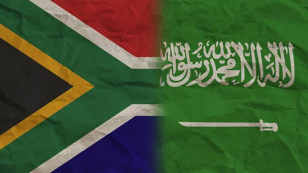 Saudiarabien Och Sydafrika Flaggor Tillsammans Skrumpna Papper Effect Bakgrund Illustration — Stockfoto