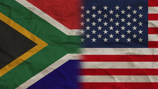United States of America and South Africa Flags Together, Crumpled Paper Effect Background 3D Illustration