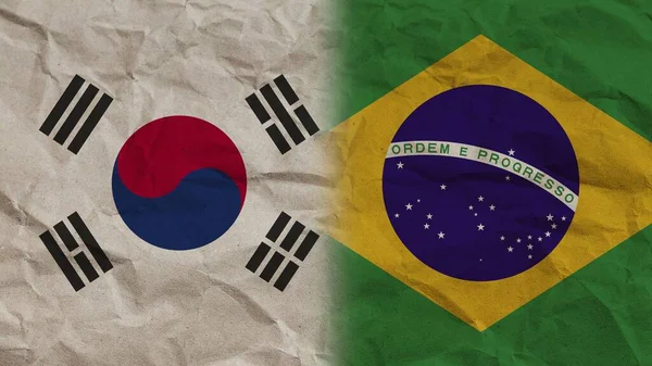 Drapeaux Brésil Corée Sud Ensemble Effet Papier Froissé Illustration — Photo