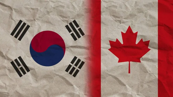 加拿大和韩国国旗连在一起 折皱纸效背景3D画图 — 图库照片