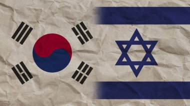 İsrail ve Güney Kore Bayrakları Birlikte, Buruşuk Kağıt Efekti Arkaplan 3D Görüntü