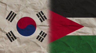 Ürdün ve Güney Kore Bayrakları, Buruşuk Kağıt Efekti Arkaplan 3D İllüstrasyon