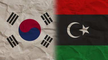 Libya ve Güney Kore Bayrakları Birlikte, Buruşuk Kağıt Efekti Arkaplan 3D Görüntü