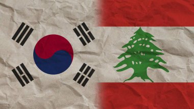 Lübnan ve Güney Kore Bayrakları Birlikte, Buruşuk Kağıt Efekti Arkaplan 3D Görüntü
