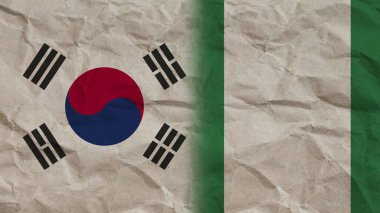 Nijerya ve Güney Kore Bayrakları Birlikte, Buruşuk Kağıt Efekti Arkaplan 3D Görüntü