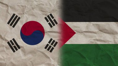 Filistin ve Güney Kore Bayrakları Birlikte, Buruşuk Kağıt Efekti Arkaplan 3D Görüntü