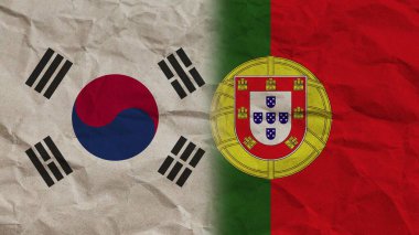 Portekiz ve Güney Kore Bayrakları Birlikte, Buruşuk Kağıt Efekti Arkaplan 3D Görüntü
