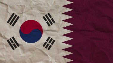 Katar ve Güney Kore Bayrakları, Buruşuk Kağıt Efekti Arkaplan 3D İllüstrasyon