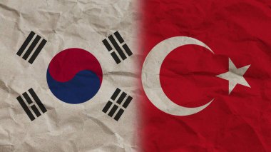 Türkiye ve Güney Kore Bayrakları Birlikte, Buruşuk Kağıt Efekti Arkaplan 3D Görüntü