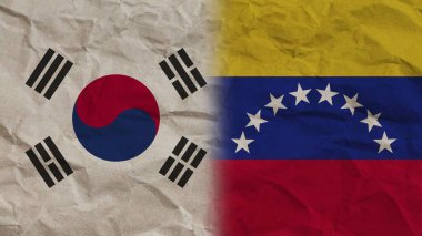 Venezuela ve Güney Kore Bayrakları Birlikte, Buruşuk Kağıt Efekti Arkaplan 3D Görüntü