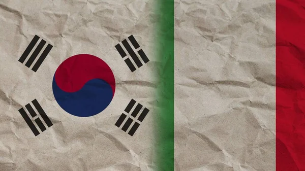 Itálie Jižní Korea Vlajky Dohromady Zmačkaný Papír Efekt Pozadí Ilustrace — Stock fotografie