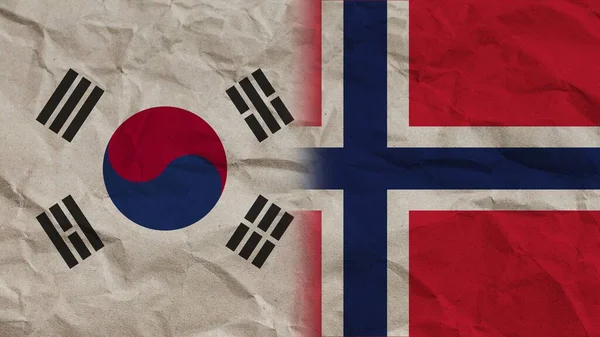 Norsko Jižní Korea Vlajky Společně Zmačkaný Papír Efekt Pozadí Ilustrace — Stock fotografie