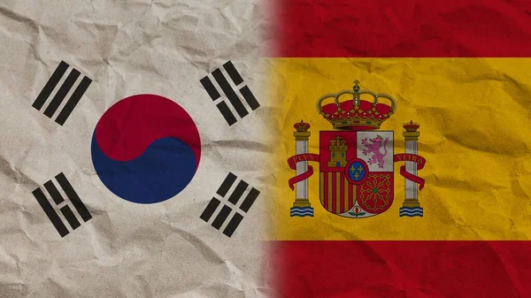 Drapeaux Espagne Corée Sud Ensemble Effet Papier Froissé Illustration Fond — Photo