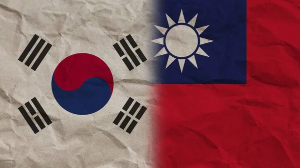 Tchaj Wan Jižní Korea Vlajky Společně Zmačkaný Papír Efektu Pozadí — Stock fotografie