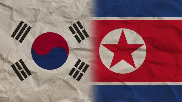 Bandiere Corea Del Nord Corea Del Sud Insieme Carta Stropicciata — Foto Stock