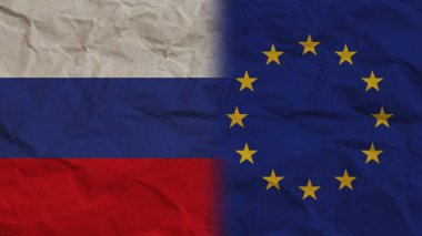 Avrupa Birliği ve Rusya Birlikte Bayraklar, Kırışık Kağıt Efekti 3B Görüntü