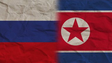 Kuzey Kore ve Rusya Birlikte Bayraklar, Buruşuk Kağıt Efekti Arkaplan 3D Görüntü
