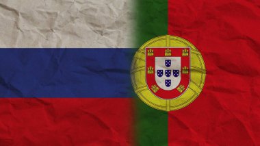 Portekiz ve Rusya Birlikte Bayraklar, Buruşuk Kağıt Efekti Arkaplan 3D Görüntü