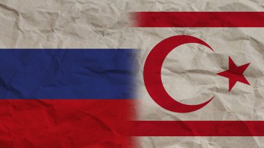 Kuzey Kıbrıs ve Rusya Birlikte Bayraklar, Kırışık Kağıt Efekti 3B Görüntü