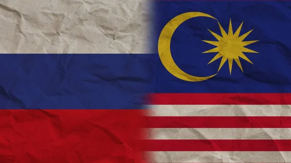 Μαλαισία Και Ρωσία Σημαίες Μαζί Τσαλακωμένο Φόντο Επίδραση Χαρτί Εικονογράφηση — Φωτογραφία Αρχείου
