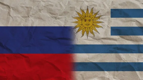 Uruguay Oroszország Zászlók Együtt Gyűrött Papír Hatás Háttér Illusztráció — Stock Fotó