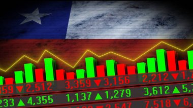 Şili Gerçekçi Bayrağı, Borsa Çizelgesi, Neon Efekti Zigzag Hattı, Eski Yıpranmış Kumaş Dokusu Efekti, 3D İllüstrasyon