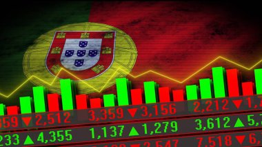 Portekiz Gerçekçi Bayrağı, Borsa Çizelgesi, Neon Efekti Zigzag Hattı, Eski Yıpranmış Kumaş Dokusu Efekti, 3D İllüstrasyon
