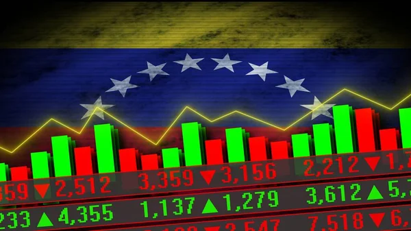 Venezuela Realistic Flag, Stock Market Chart, Neon Effect Zigzag Line, Old Worn Fabric Texture Effect, 3D Illustration