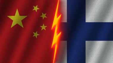 Finlandiya ve Çin Bayrakları Birlikte, Dalgalı Kumaş Doku Efekti, Neon Parıltısı Efekti, Parlayan Gök Gürültüsü Simgesi, Kriz Konsepti, 3D İllüstrasyon